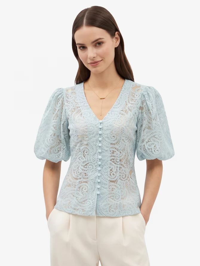 Блузка из кружева с коротким рукавом OD-1038-1 бирюзовый