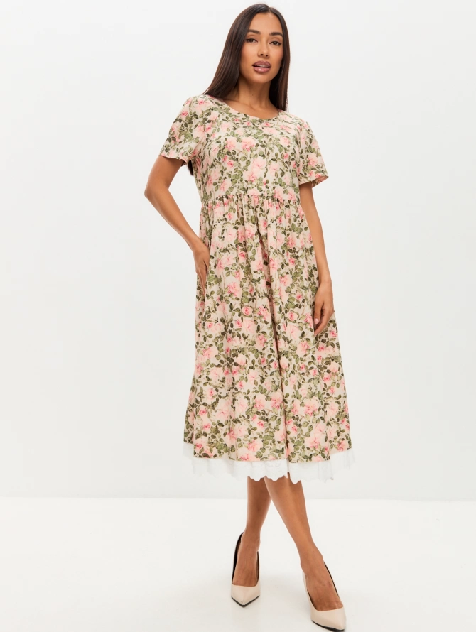 Платье из хлопка без воротника с розовыми цветами и зелеными листьями OD-727-13