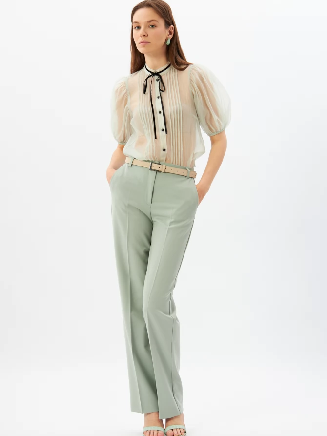 Блузка из органзы с бархатной завязкой и защипами  OD-951-2 серо-зеленый