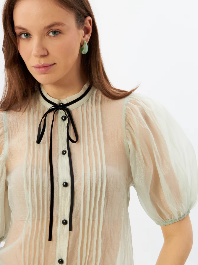 Блузка из органзы с бархатной завязкой и защипами  OD-951-2 серо-зеленый