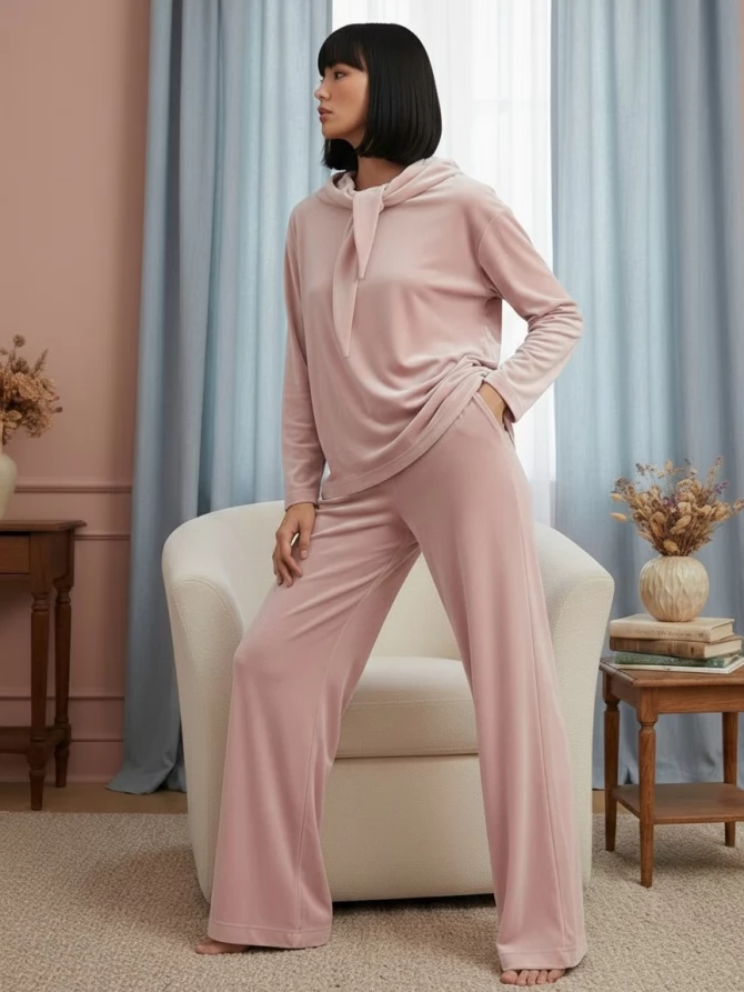 Костюм из велюра со съемным капюшоном и резинкой в комплекте OD-1009-1 розовый