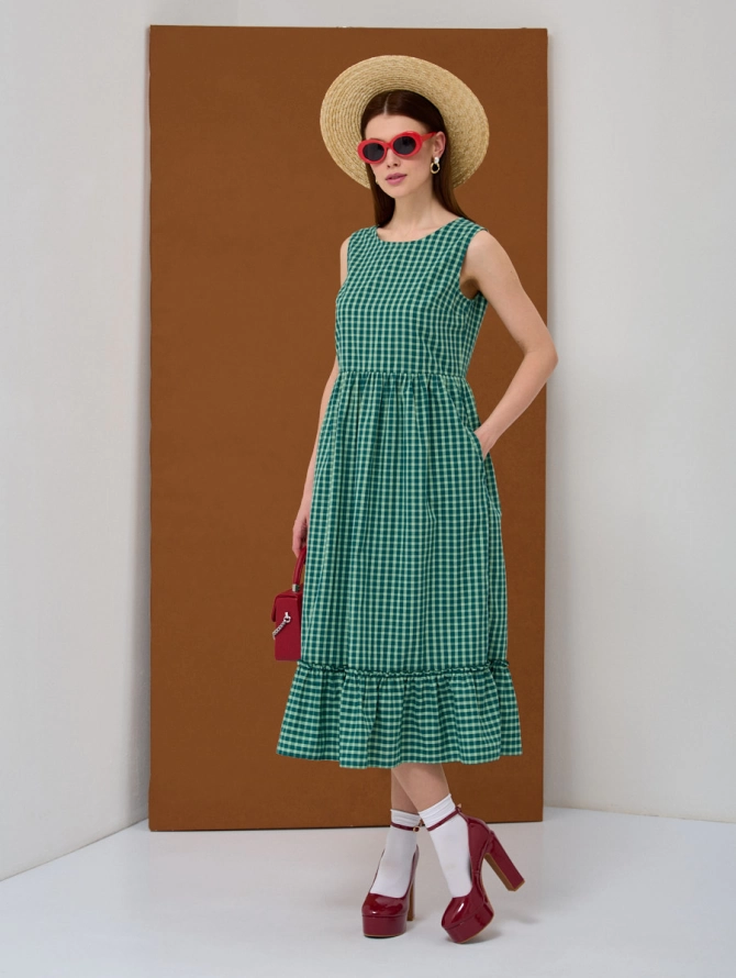 Платье из хлопка в зеленую клетку OD-792-3