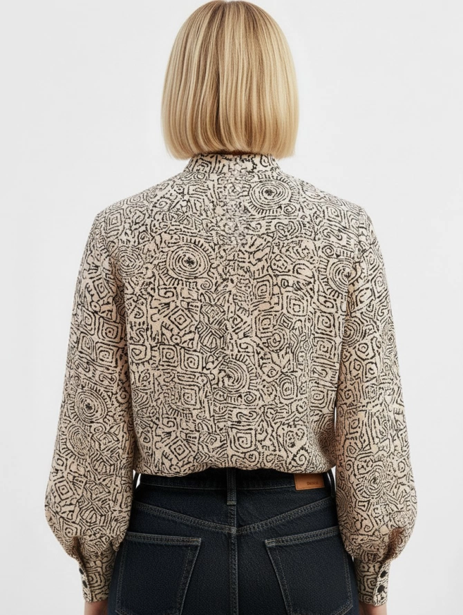 Блузка с отлетными рюшами OD-914-5 бежевый с черным