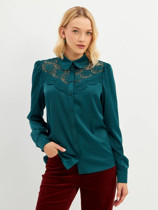 Блузка с кружевом на полочке OD-892-1 темно-зеленая