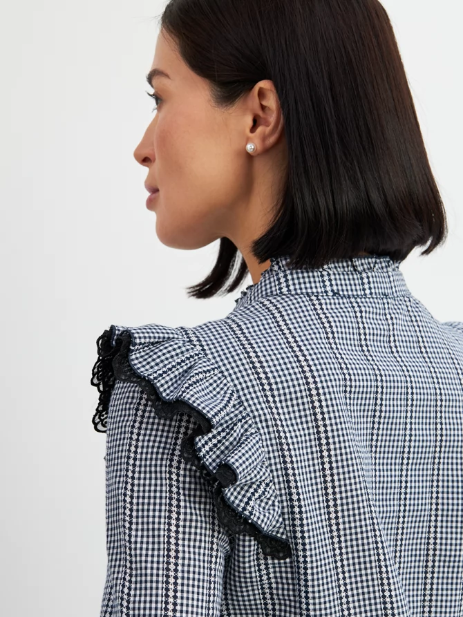 Блузка из хлопка с кружевом OD-896-2 сине- белая мелкая клетка