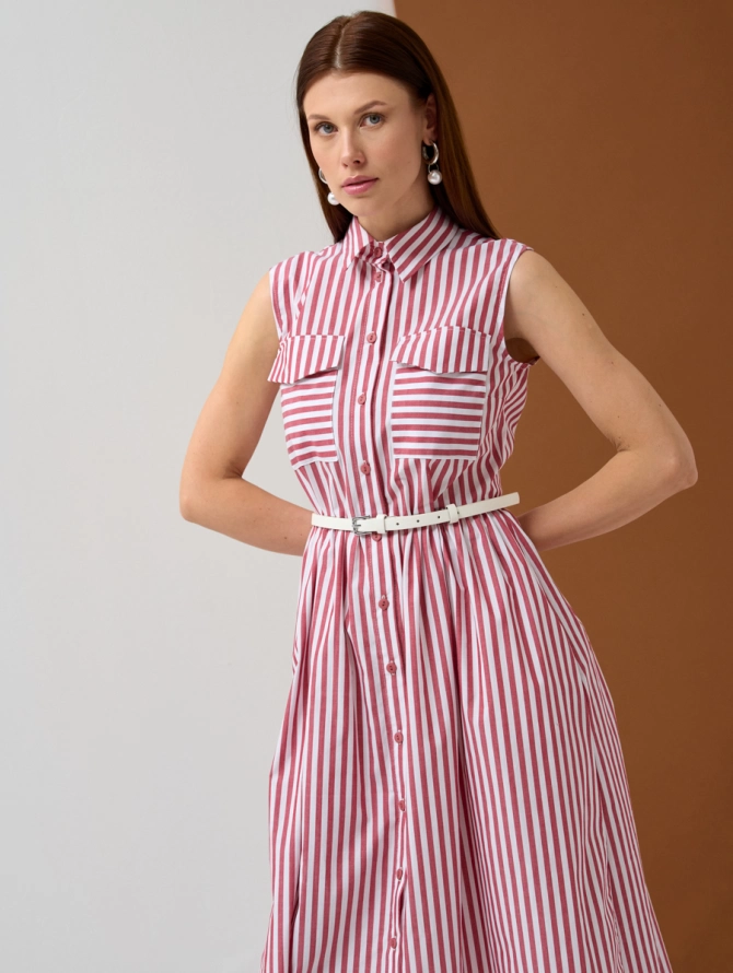Платье-рубашка хлопковое в бордовую полоску
