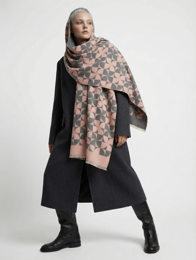 Палантин женский двусторонний с геометрическим узором (розовый/серый)