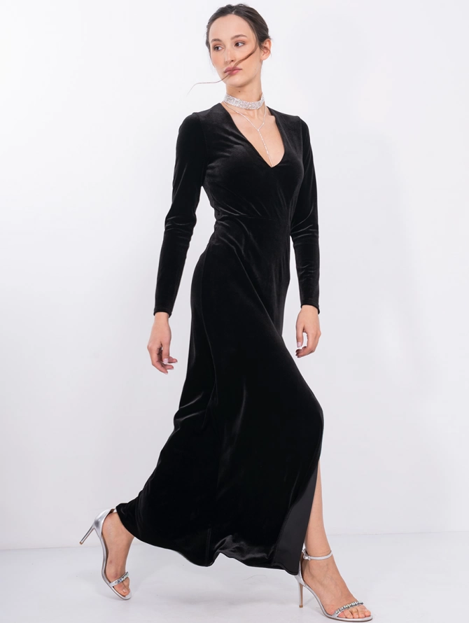 Платье из бархата с разрезом OD-849-1 черное