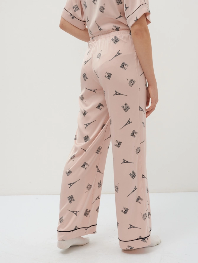 Брюки прямые из армани-шелка с парижским принтом