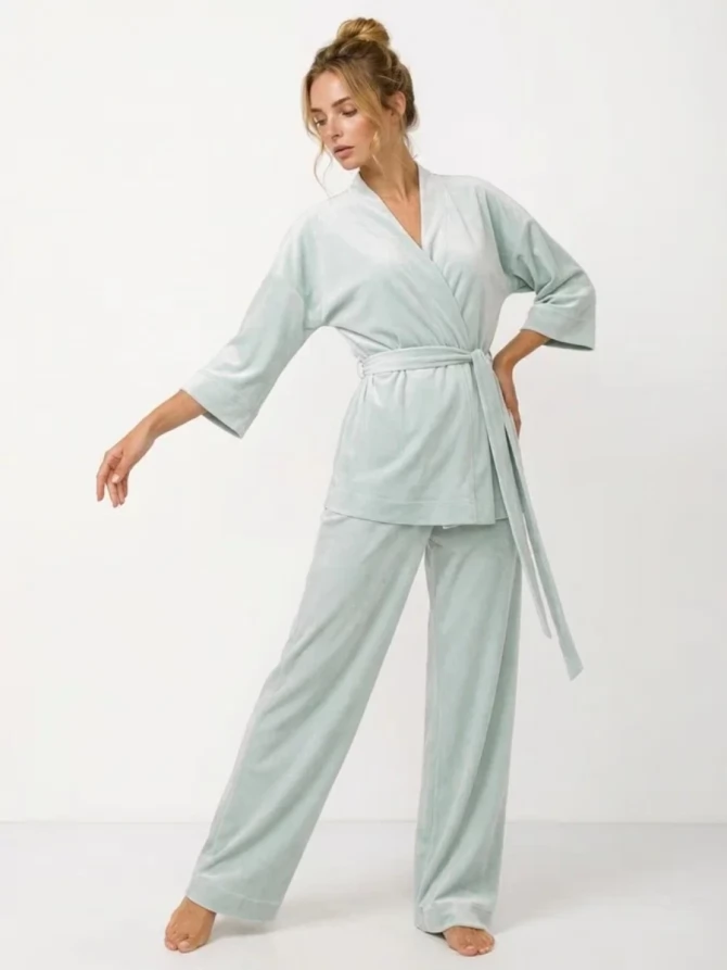 Пижама Кимоно+брюки из велюра OD-836-2 серо-зеленый