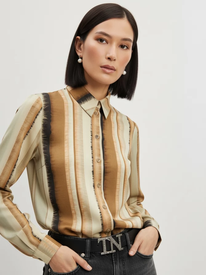 Блузка из атласной ткани OD-887-6 коричневый с серой полосой