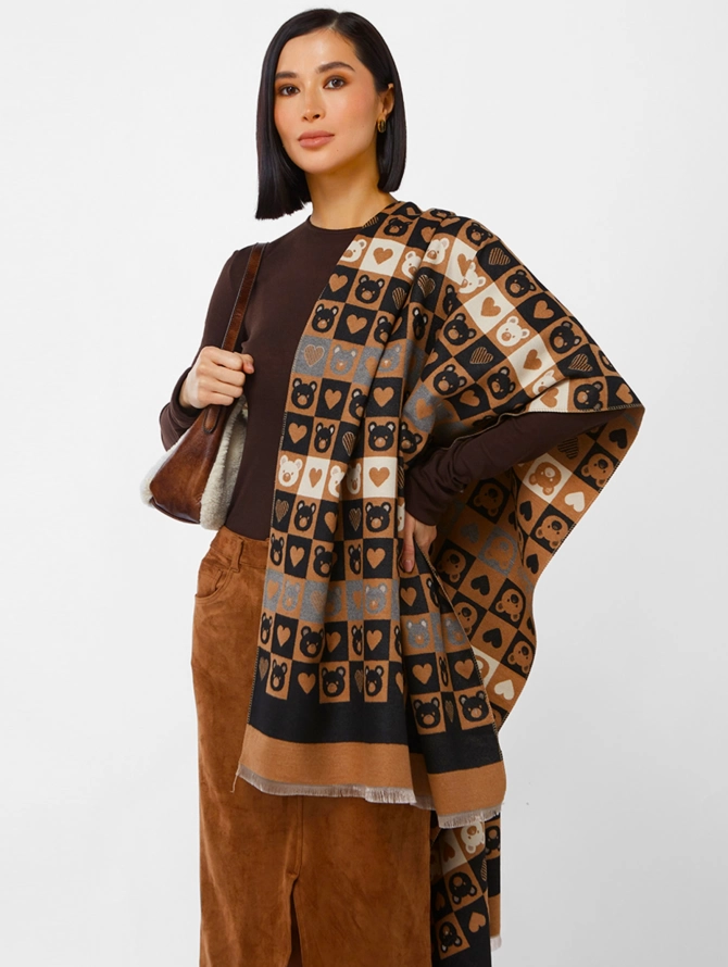 Палантин женский двусторонний с принтом 'Мишки и Сердца'