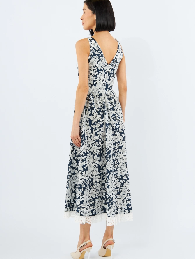 Платье из хлопка с кружевом OD-925-2 крупные белые цветы на синем