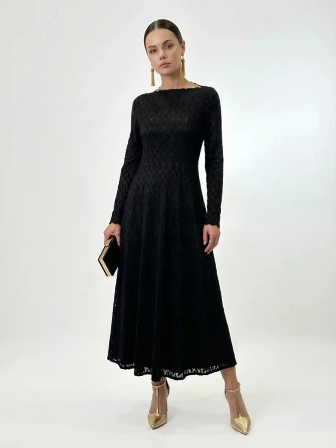 Платье из трикотажного кружева OD-904-3 черный с фестонами