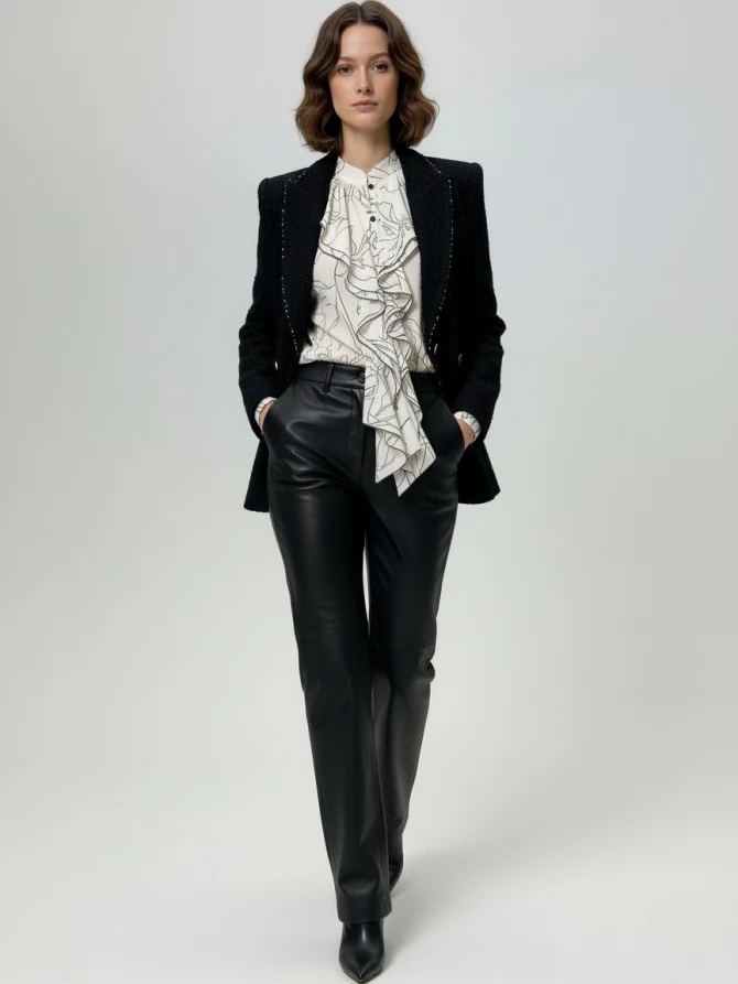 Блузка с отлетными рюшами OD-914-6 молочный с черным