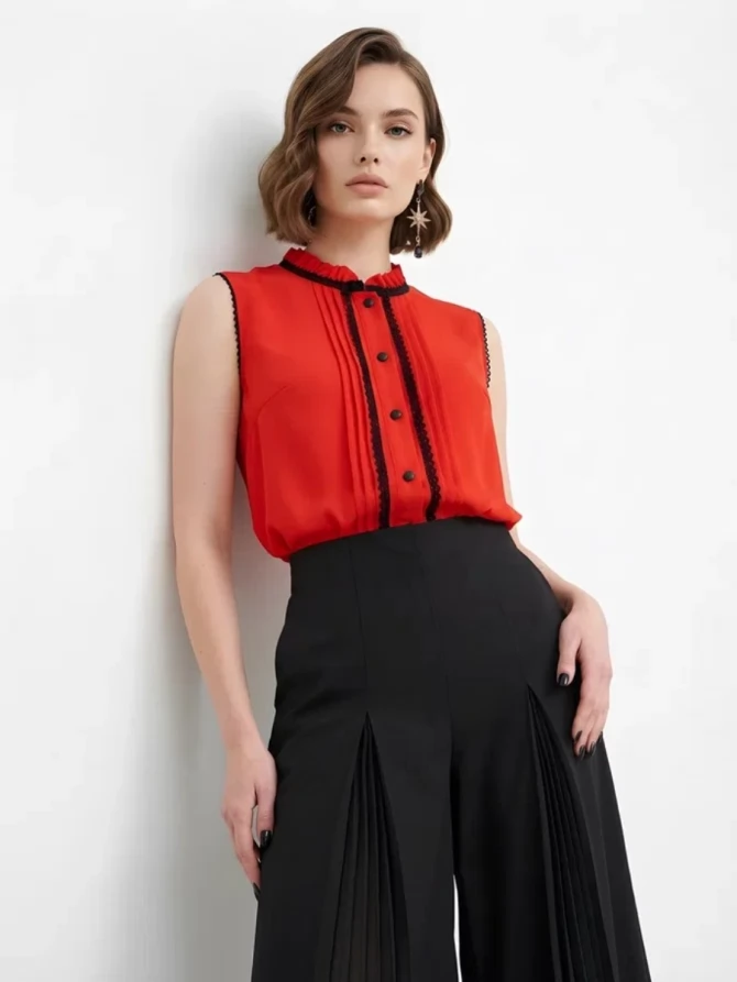 Блузка без рукавов с отделкой из тесьмы OD-973-3 красный