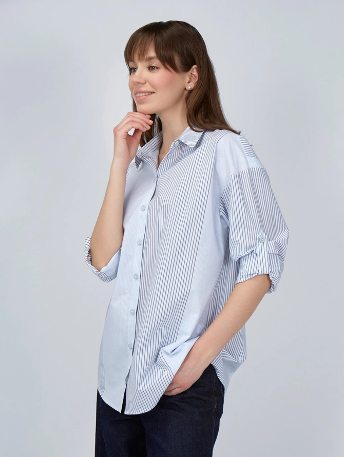 Рубашка полосатая хлопковая серо-голубая