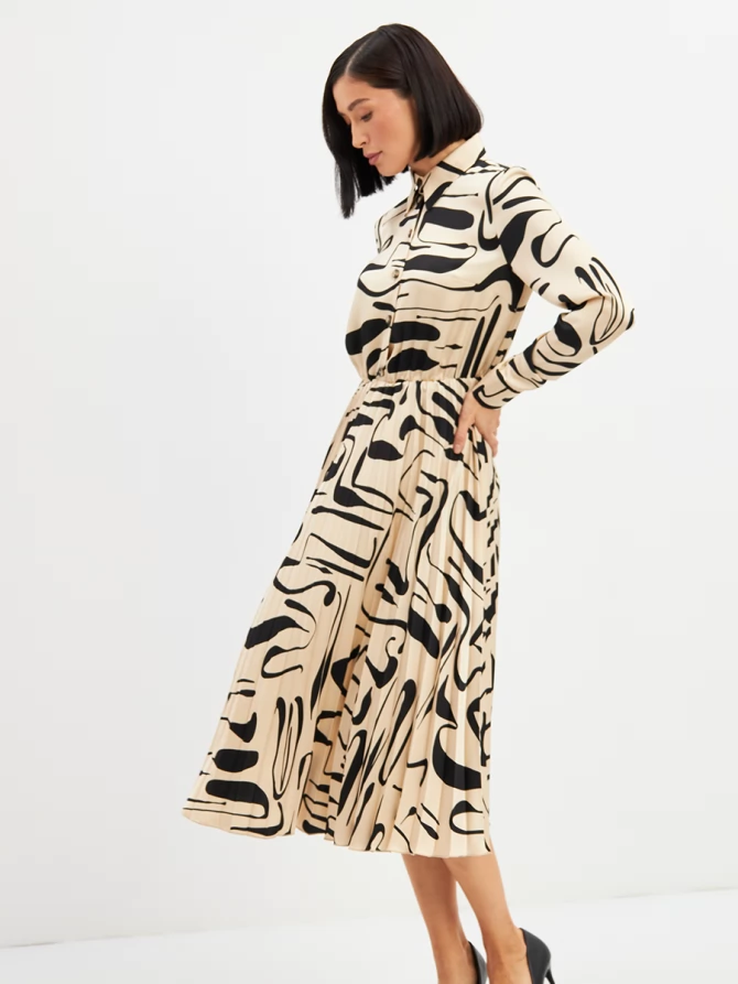 Платье с юбкой плиссе OD-883-3 бежевый с черными разводами