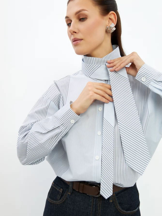 Рубашка полоса с галстуком OD-918-2 серо-голубая