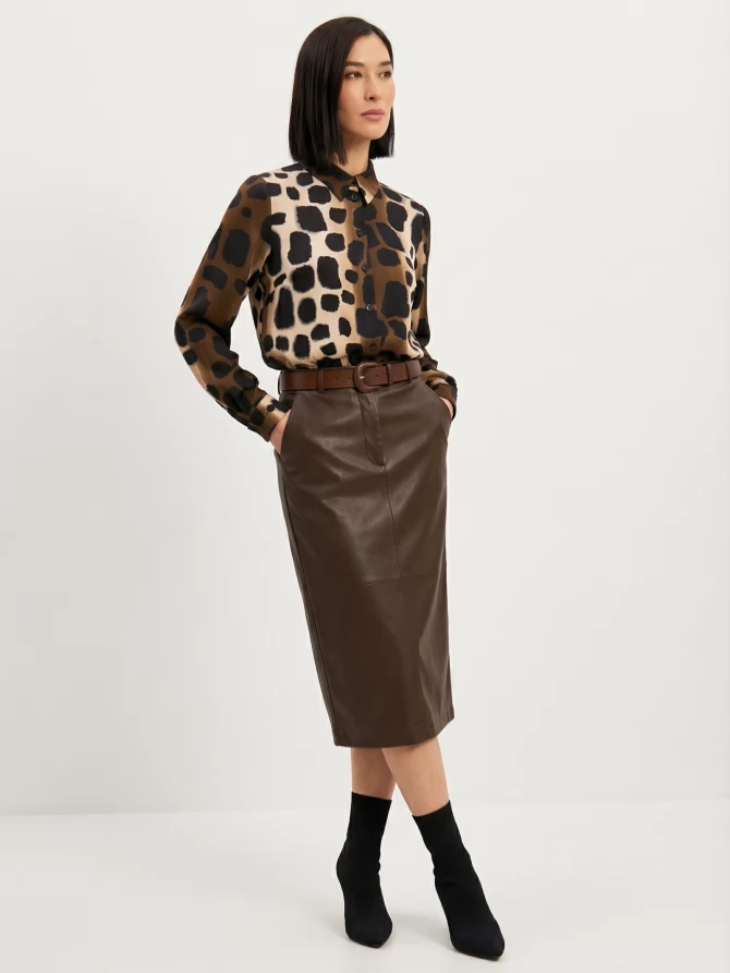 Блузка из атласной ткани OD-887-5 леопард коричневый с хаки