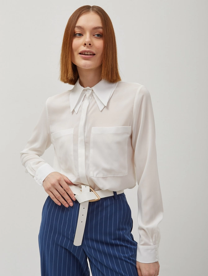 Блузка из шифона с двойным воротником OD-805-3 молочный