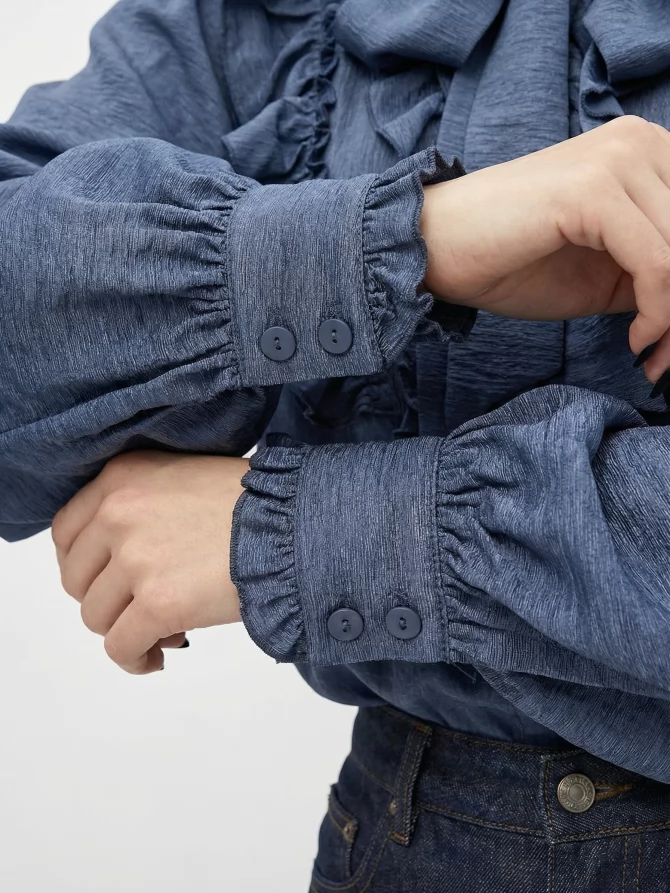 Блузка с рюшами и воротником-завязка OD-988-3 синий