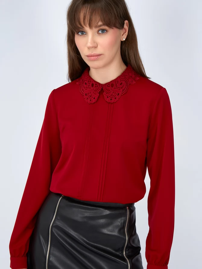 Блузка с кружевным воротником OD-861-3 бордо