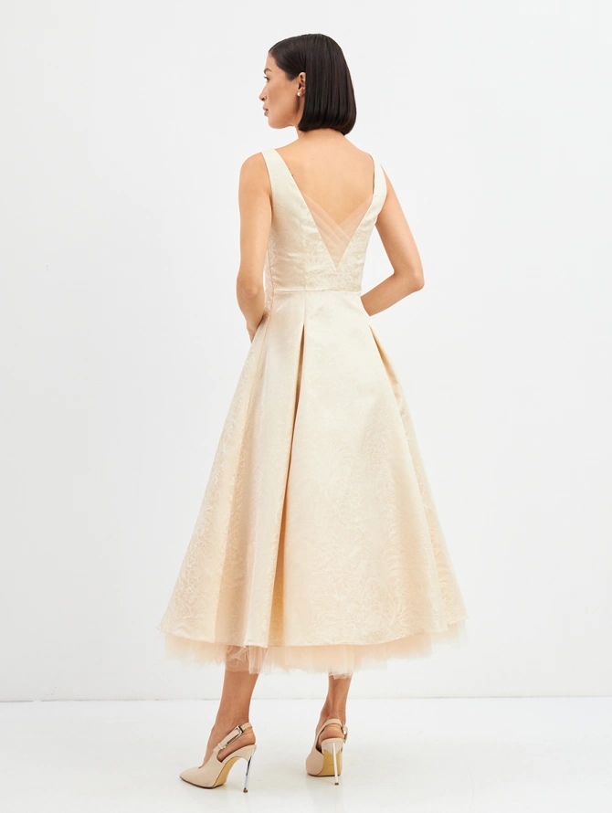 Платье из жаккарда и фатина сливочное OD-939-1