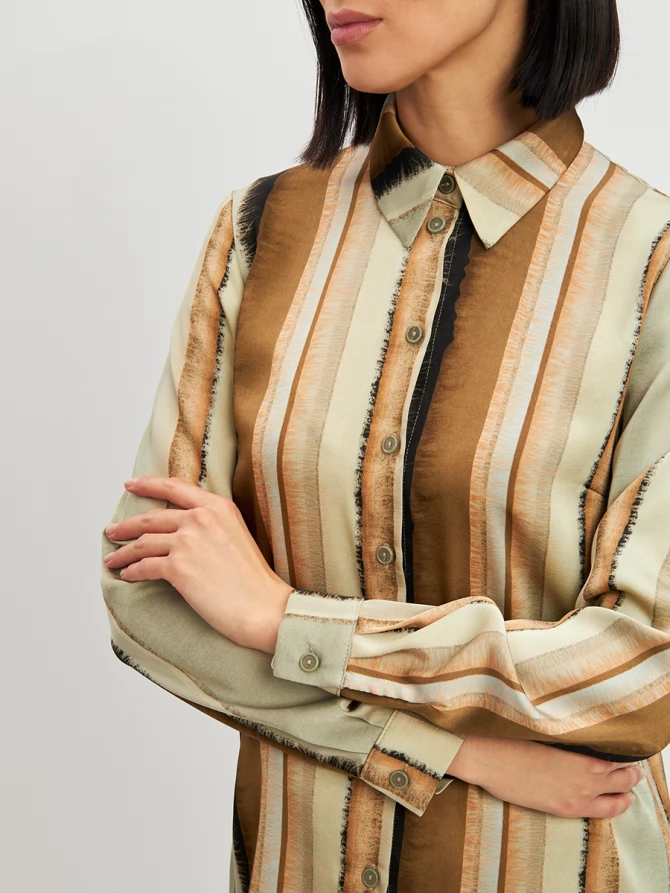 Блузка из атласной ткани OD-887-6 коричневый с серой полосой