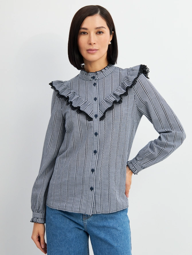 Блузка из хлопка с кружевом в сине-белую мелкую клетку