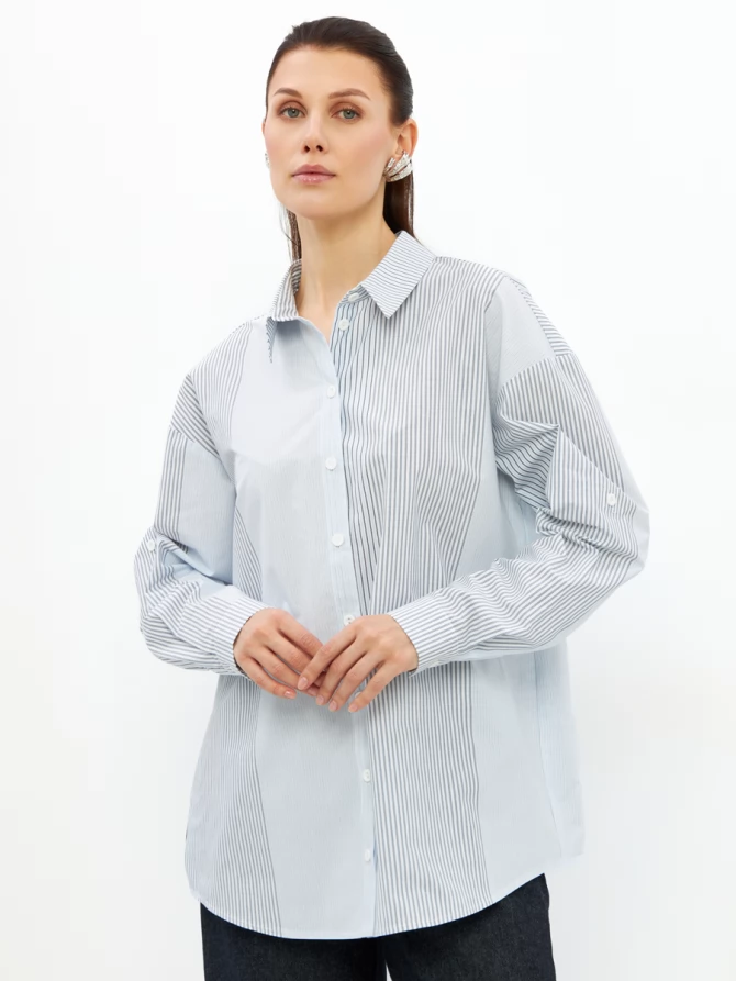 Рубашка полоса с галстуком OD-918-2 серо-голубая