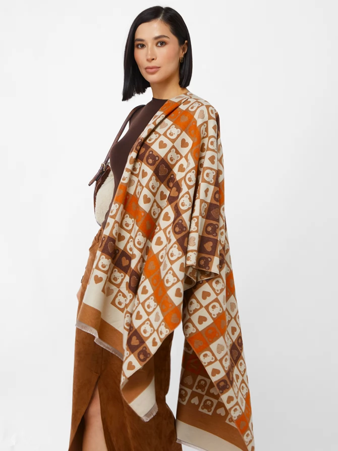 Палантин женский в клетку с мишками и сердцами