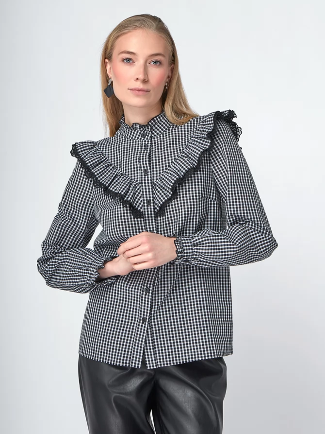 Блузка из хлопка с кружевом OD-896-1 ч/б клетка