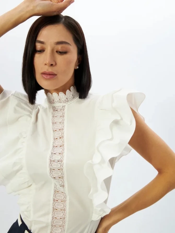 Блузка из хлопка с крыльями и кружевом OD-912-1 белый