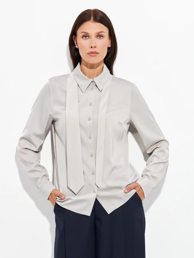 Блузка с галстуком серо-коричневая