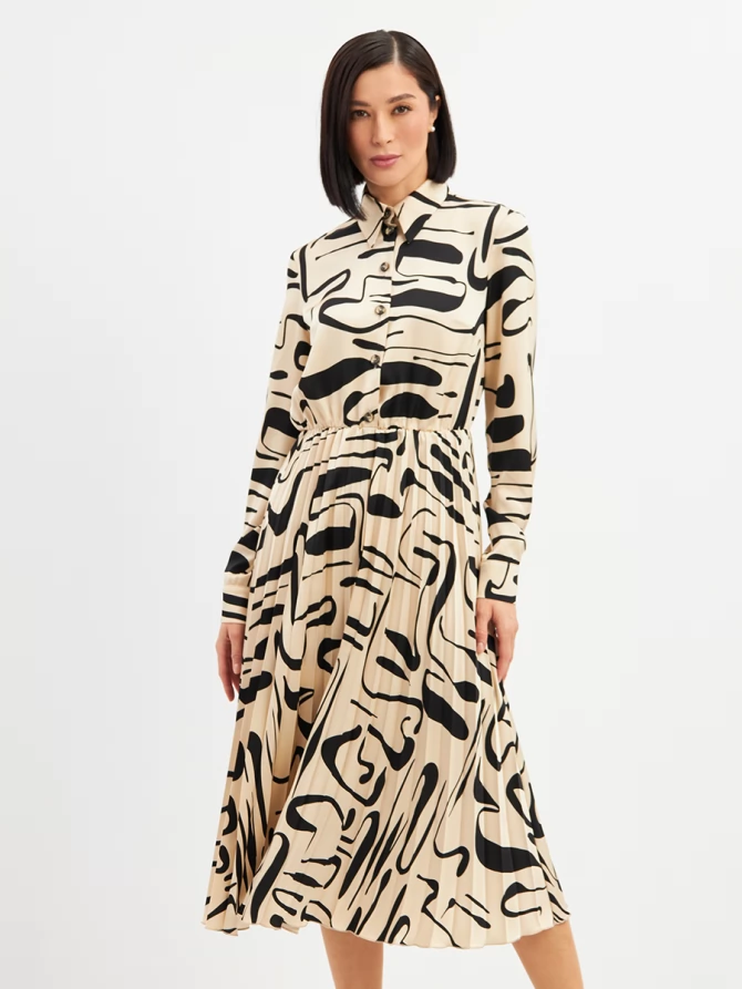 Платье с юбкой плиссе OD-883-3 бежевый с черными разводами