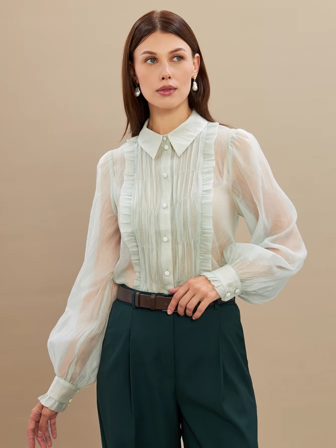 Блузка из органзы со сборкой OD-928-3 серо-зеленый