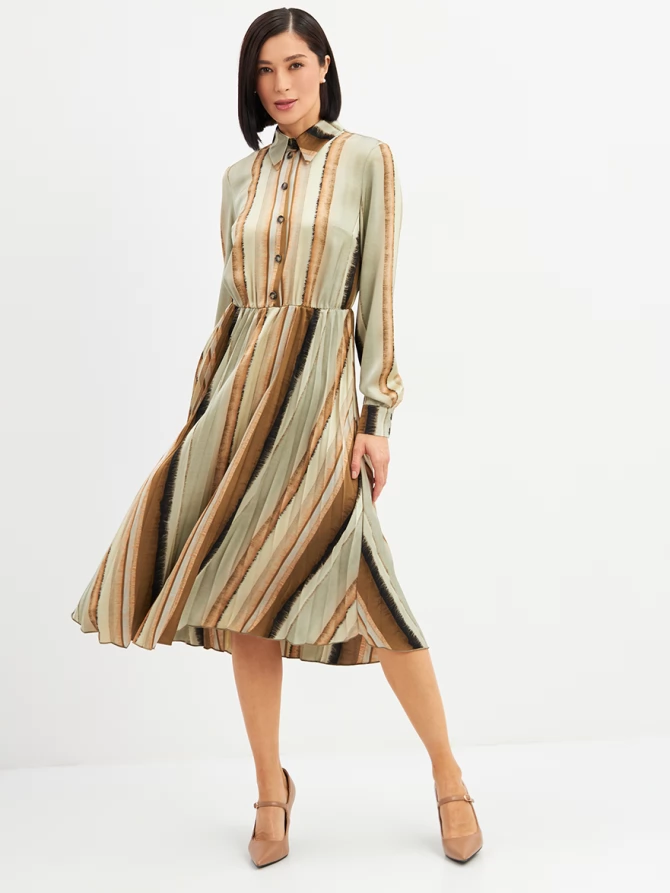 Платье с юбкой плиссе OD-883-2 коричневая с серой полосой