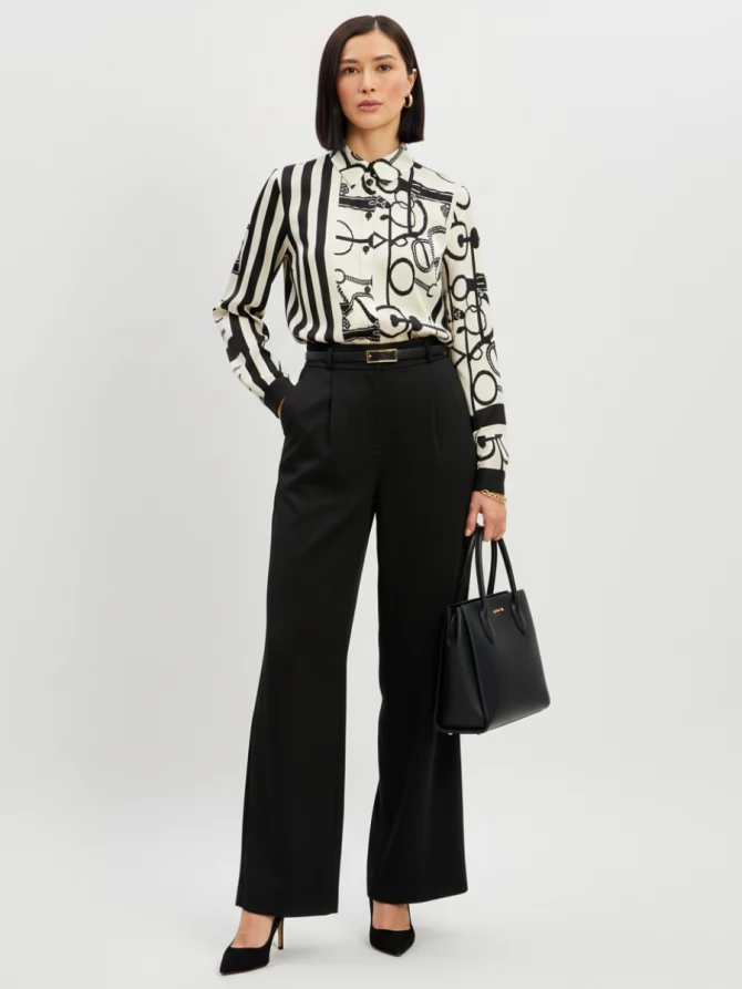 Блузка из атласной ткани  OD-887-1 черно-белая