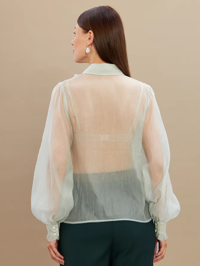 Блузка из органзы со сборкой OD-928-3 серо-зеленый