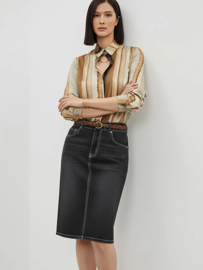 Блузка из атласной ткани OD-887-6 коричневый с серой полосой