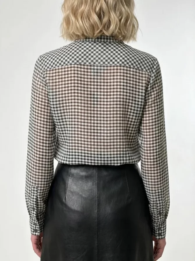 Блузка из органзы в клетку OD-984-2 коричневый с белым