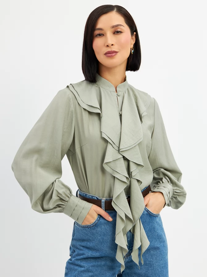 Блузкас отлетными рюшами OD-914-3 полынь