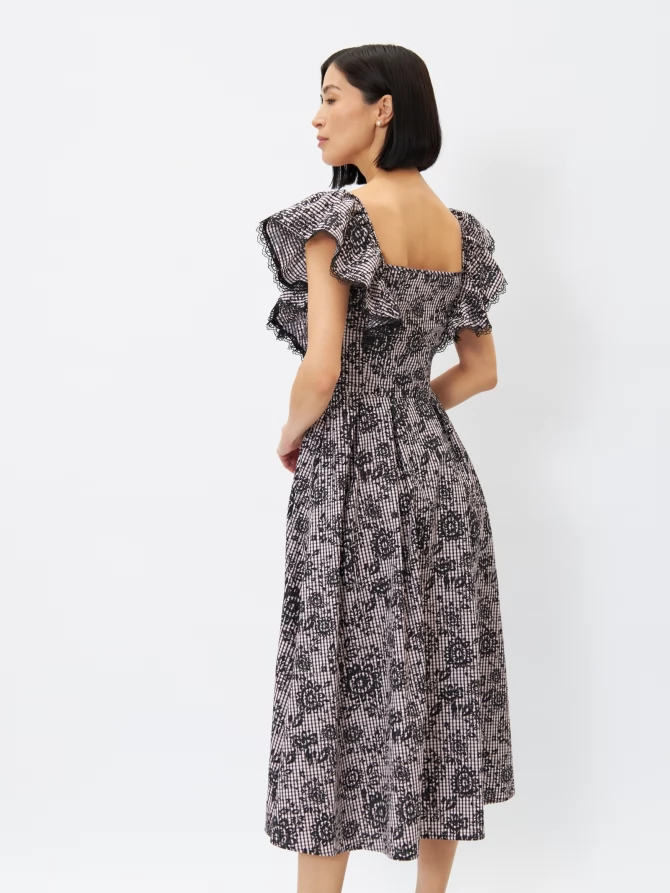 Платье из хлопка с кружевом OD-945-1, клетка ч/б с напылением