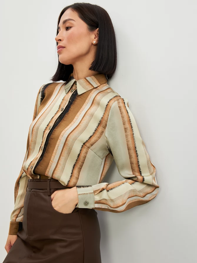 Блузка из атласной ткани OD-887-6 коричневый с серой полосой