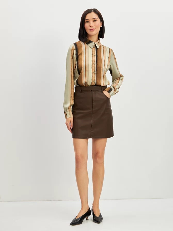 Блузка из атласной ткани OD-887-6 коричневый с серой полосой