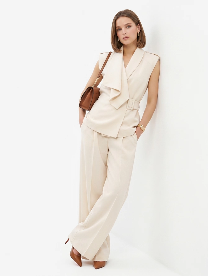 Жилет на запах из костюмной ткани OD-999-1 молочный