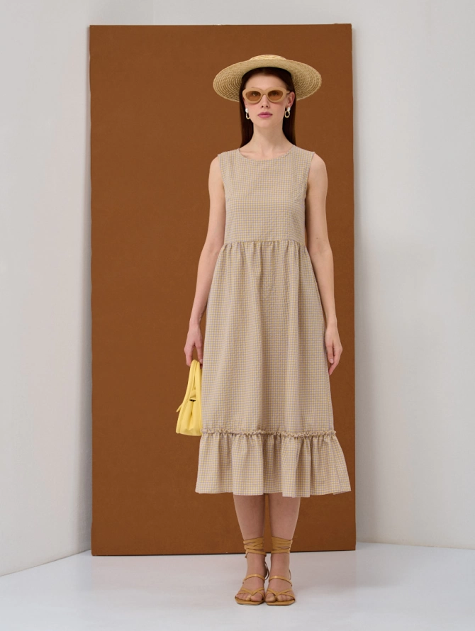 Платье миди из хлопка в желто-фиолетовую клетку OD-792-2