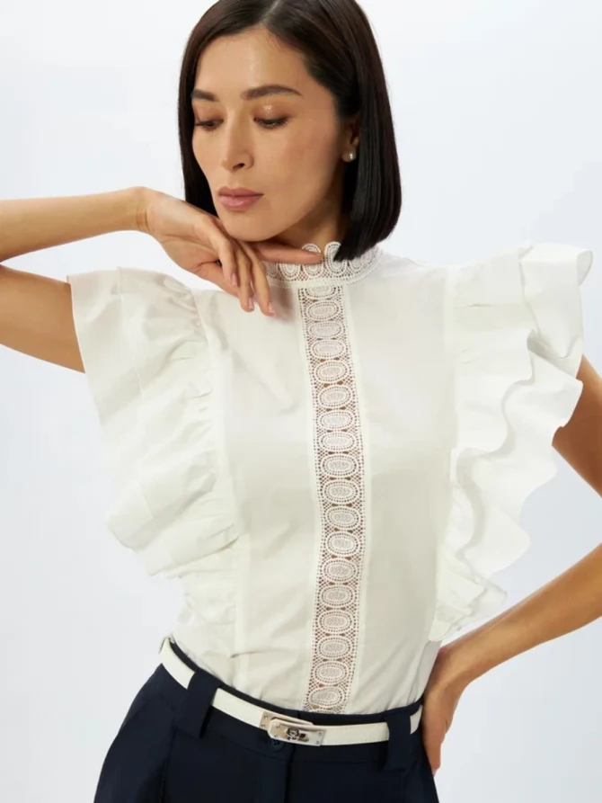 Блузка из хлопка с крыльями и кружевом OD-912-1 белый