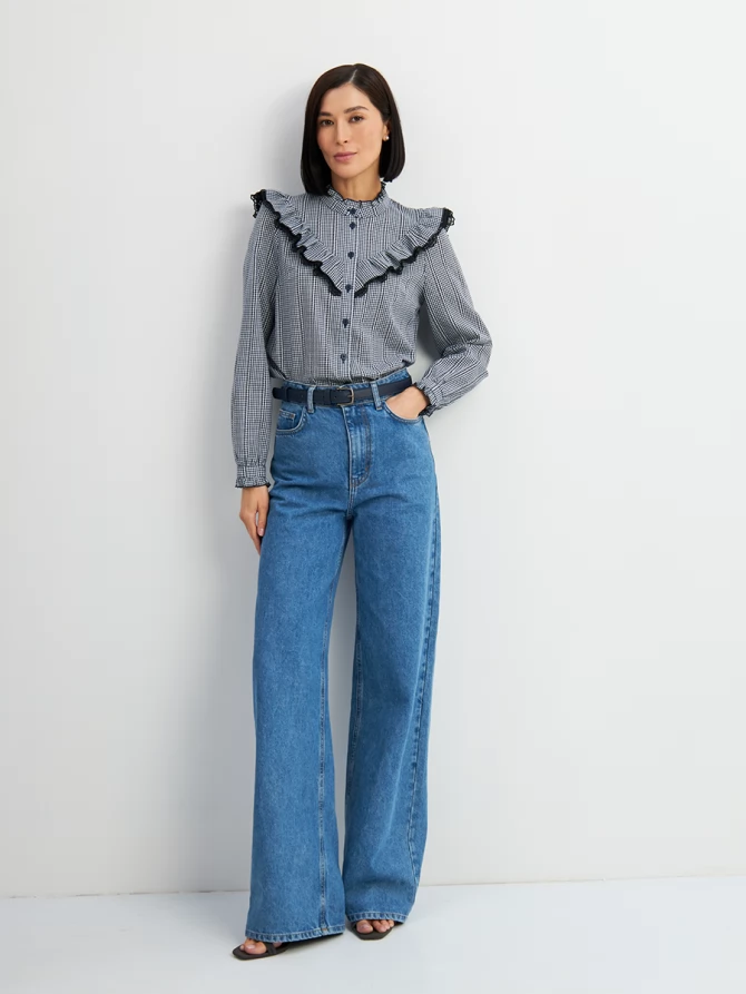 Блузка из хлопка с кружевом OD-896-2 сине- белая мелкая клетка